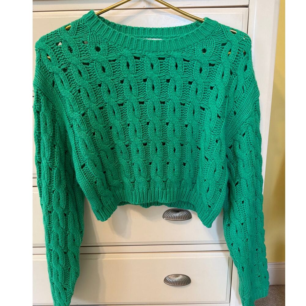 &merci Kelly Green Cropped Cable Knit Sweater Women's Medium Twee Open Stitch - Picture 2 of 7